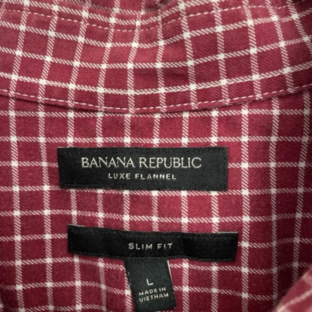 Banana Republic Luxe‎ Flannel Slim Fit Men's Shirt Sz L Burgundy Red Plaid Check
